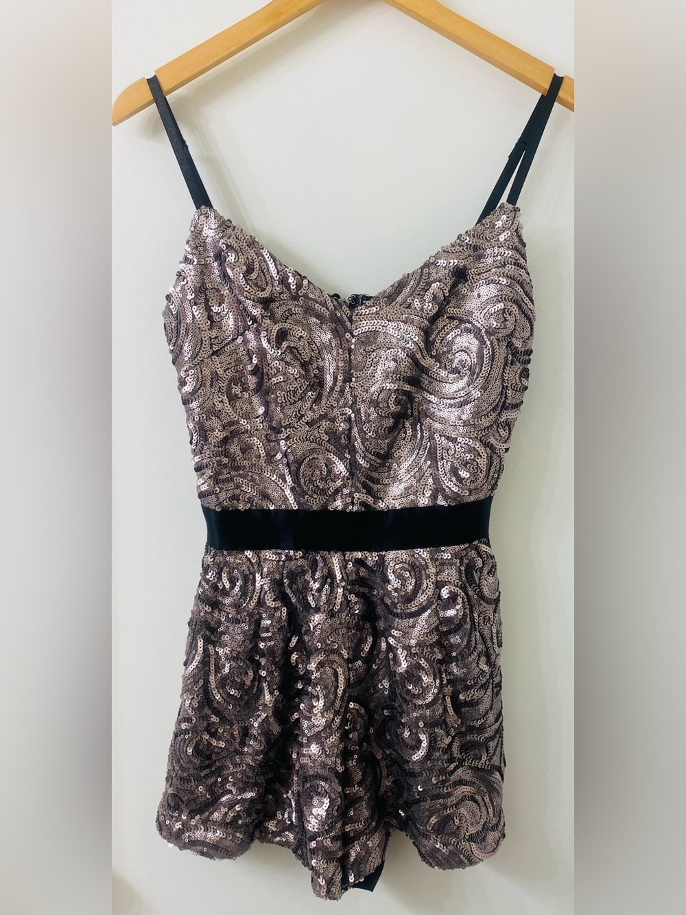 bebe Lilac and Silver Sequin Romper with Black Waistband